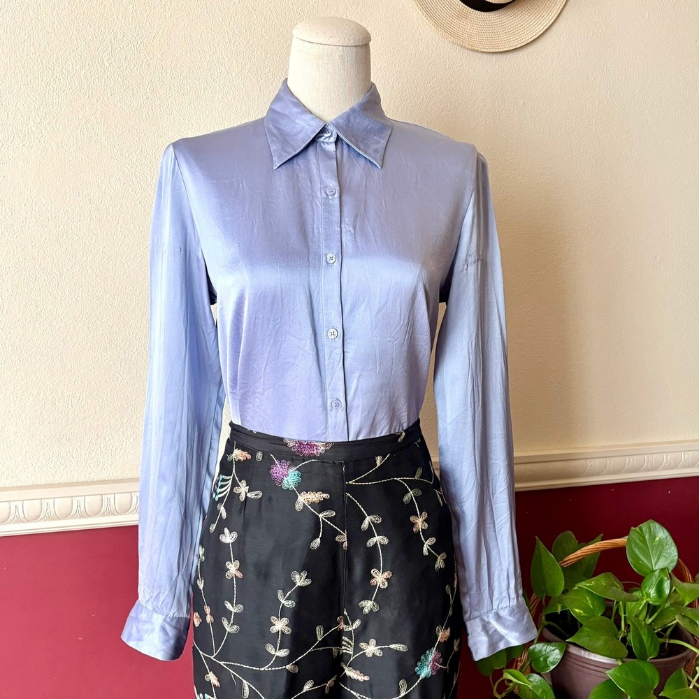 Vintage Casual Corner Blue-Purple Silk Button Up Top 4 Chic Office Quiet Luxury
